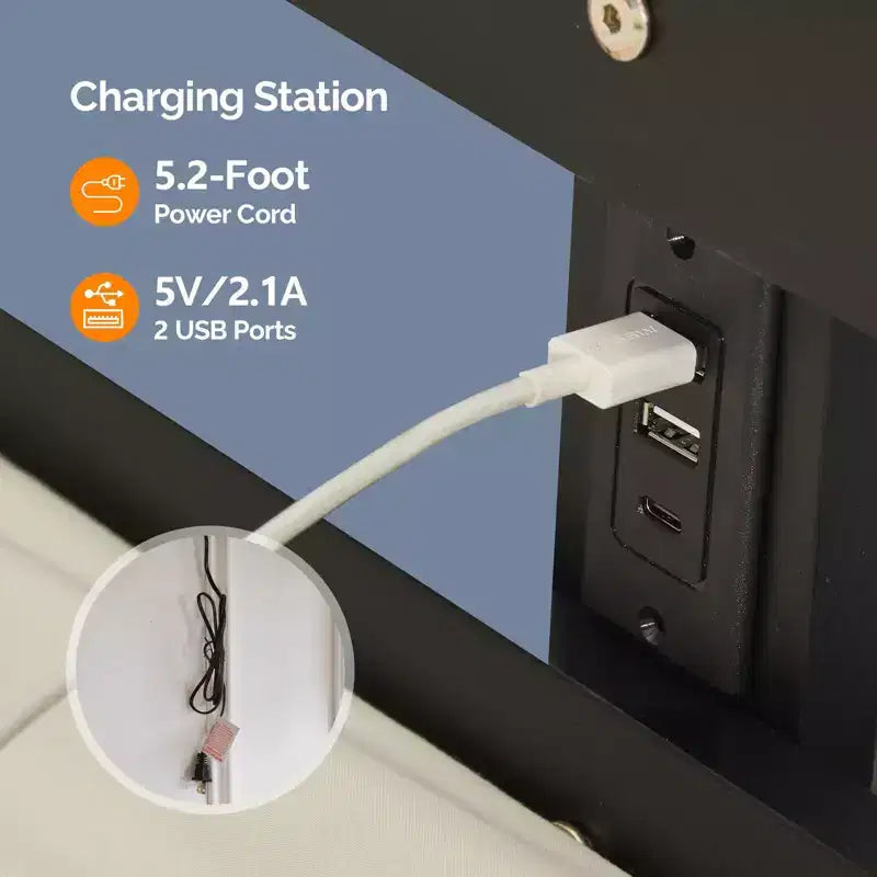 Lit mezzanine en bois massif taille double/complète avec station de charge USB/LED avec barreaux plats, support à lattes en bois, pas besoin de sommier tapissier