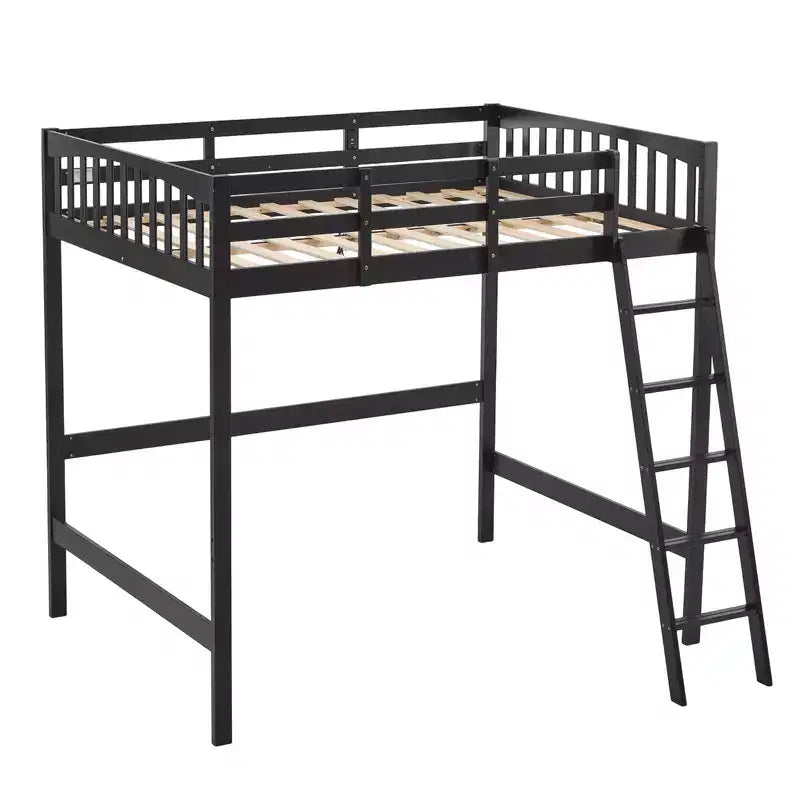 Lit mezzanine en bois massif taille double/complète avec station de charge USB/LED avec barreaux plats, support à lattes en bois, pas besoin de sommier tapissier