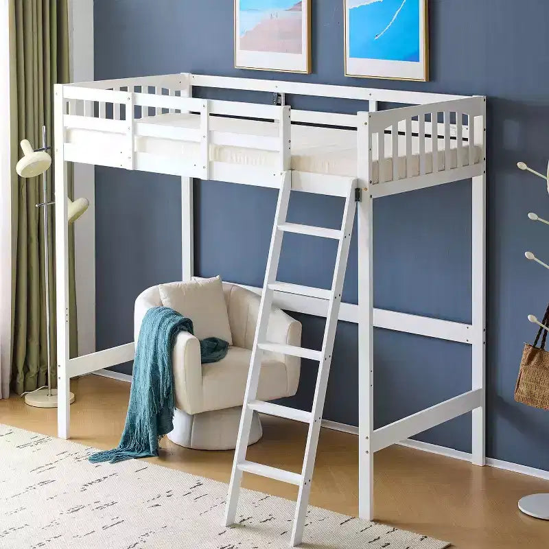 Lit mezzanine en bois massif taille double/complète avec station de charge USB/LED avec barreaux plats, support à lattes en bois, pas besoin de sommier tapissier