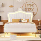 Bellemave Crown Headboard Full Size Princess Bed Upholstered Full Bed Frame with LED Lights Adjusted Headboardfor Girls,White