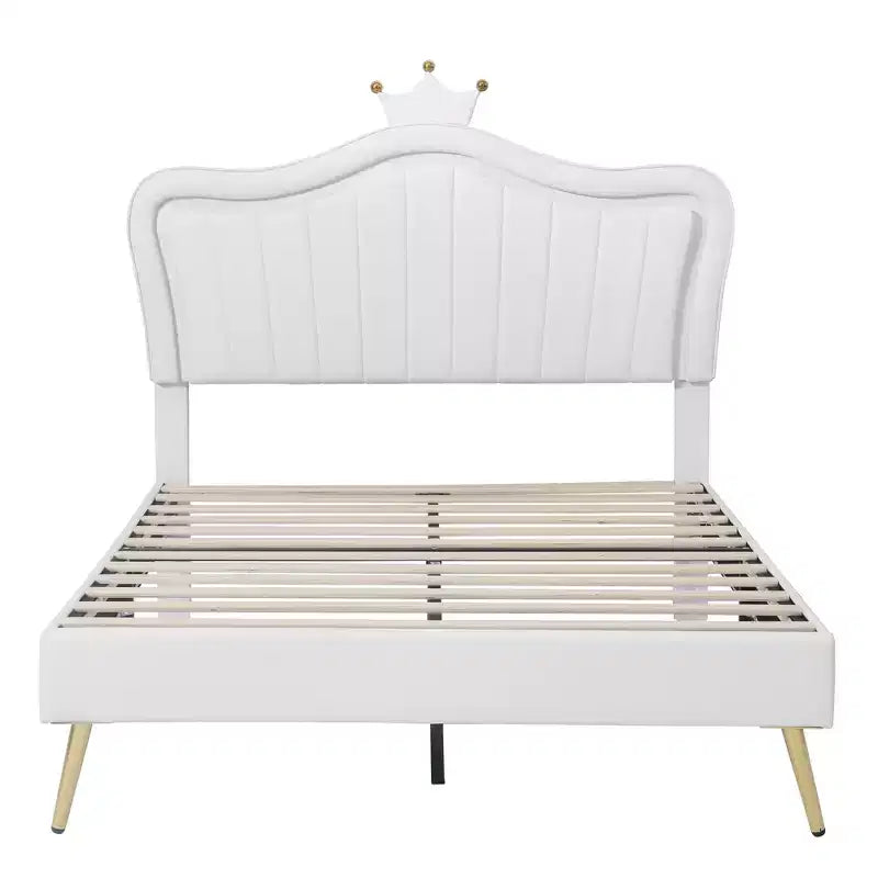Tête de lit en forme de couronne, lit double pour princesse, cadre de lit double rembourré avec lumières LED, tête de lit réglable pour filles, blanc