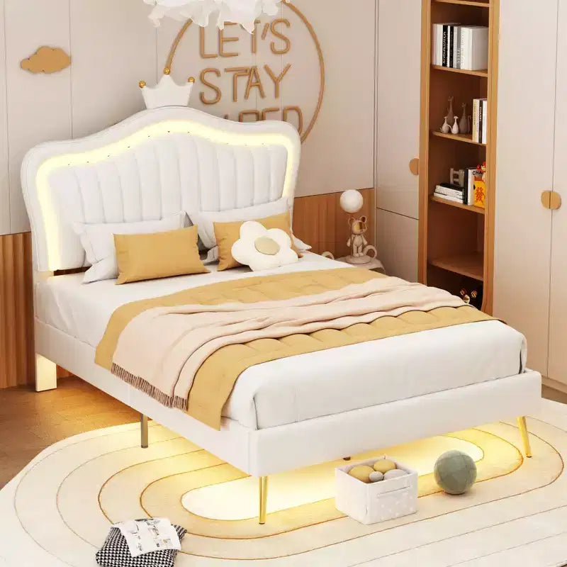 Tête de lit en forme de couronne, lit double pour princesse, cadre de lit double rembourré avec lumières LED, tête de lit réglable pour filles, blanc