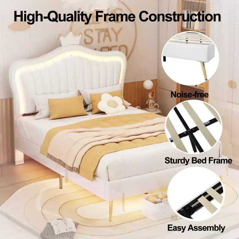 Tête de lit en forme de couronne, lit double pour princesse, cadre de lit double rembourré avec lumières LED, tête de lit réglable pour filles, blanc