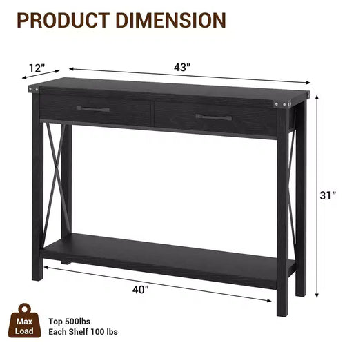31 Console, Console de Style Industriel avec Tiroirs et Étagères Ouvertes, Table d'Appoint Étroite à 2 Niveaux, Table d'Entrée
