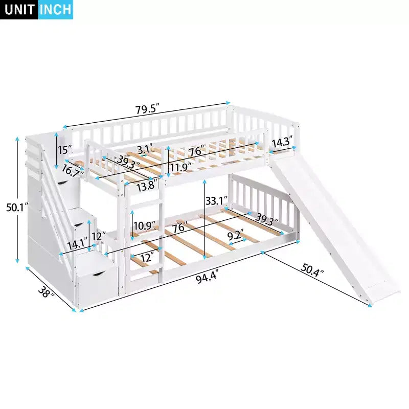 Lit superposé enfant en bois, deux places superposées, avec toboggan et escalier de rangement