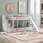 Lit superposé enfant en bois, deux places superposées, avec toboggan et escalier de rangement