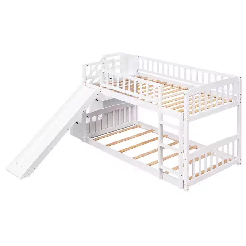 Lit superposé enfant en bois, deux places superposées, avec toboggan et escalier de rangement