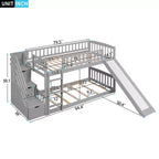 Lit superposé enfant en bois, deux places superposées, avec toboggan et escalier de rangement