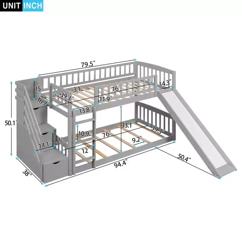 Lit superposé enfant en bois, deux places superposées, avec toboggan et escalier de rangement