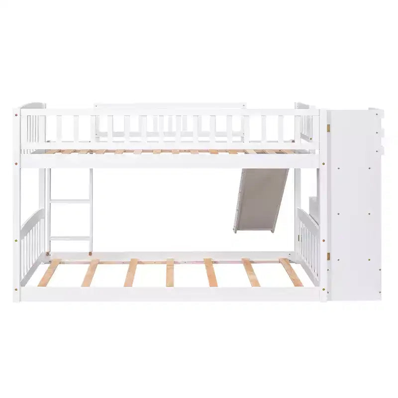Lit superposé enfant en bois, deux places superposées, avec toboggan et escalier de rangement