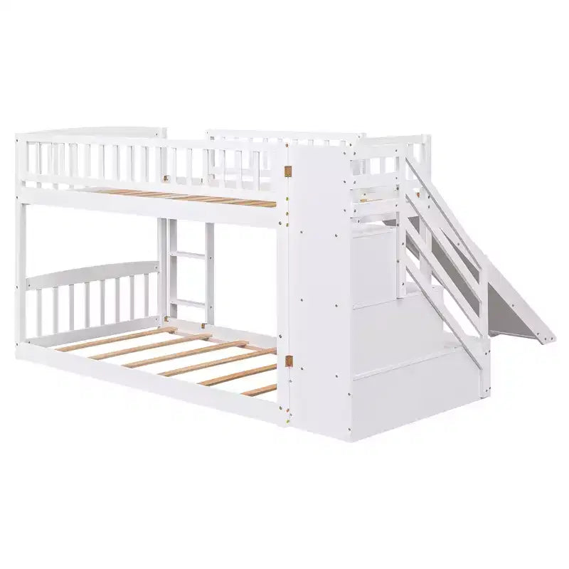 Lit superposé enfant en bois, deux places superposées, avec toboggan et escalier de rangement