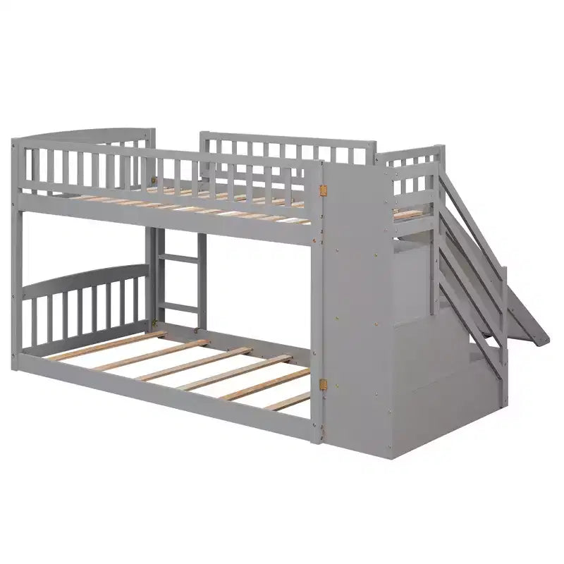 Lit superposé enfant en bois, deux places superposées, avec toboggan et escalier de rangement