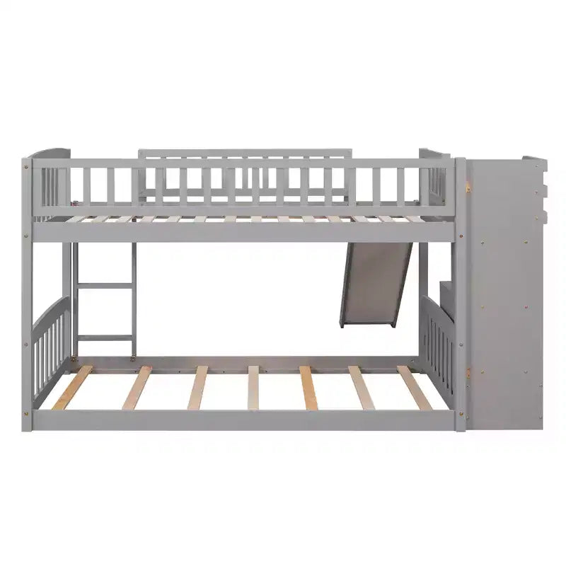 Lit superposé enfant en bois, deux places superposées, avec toboggan et escalier de rangement