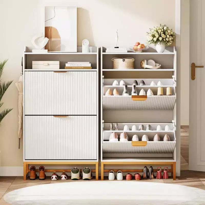 Meuble à chaussures cannelé avec 2 tiroirs basculants et étagère ouverte, organisateur d'entrée pour couloir/vestibule