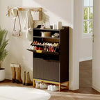 Meuble à chaussures cannelé avec 2 tiroirs basculants et étagère ouverte, organisateur d'entrée pour couloir/vestibule