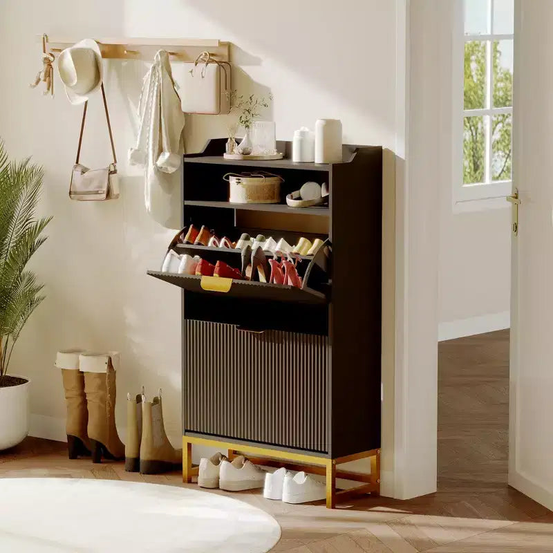 Meuble à chaussures cannelé avec 2 tiroirs basculants et étagère ouverte, organisateur d'entrée pour couloir/vestibule