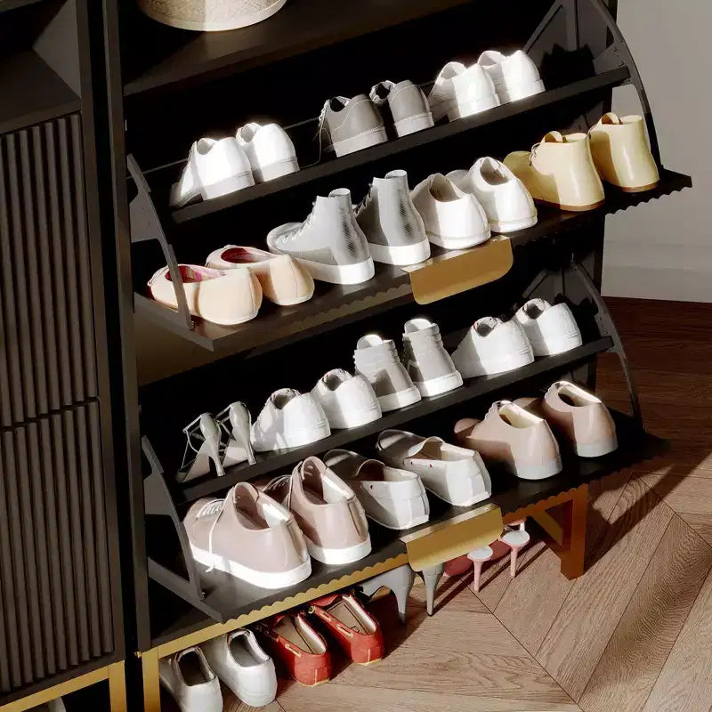 Meuble à chaussures cannelé avec 2 tiroirs basculants et étagère ouverte, organisateur d'entrée pour couloir/vestibule