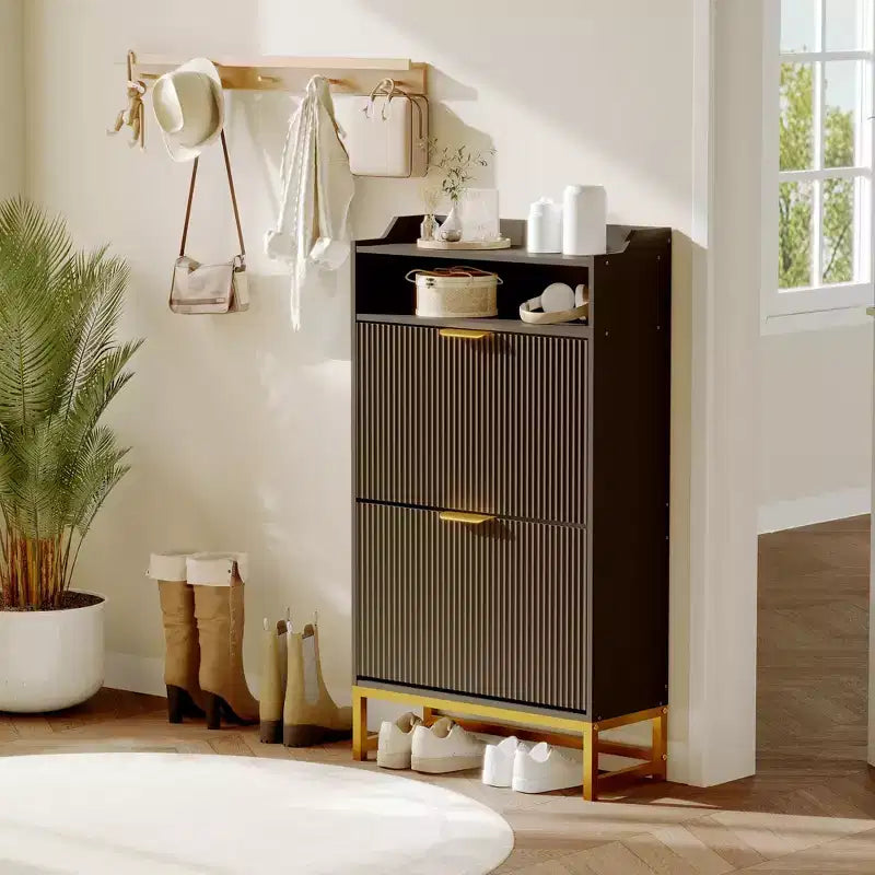 Fluted Shoe Cabinet  2-Flip Drawer & Open Shelf Entryway Organizer for Hallway/Foyer