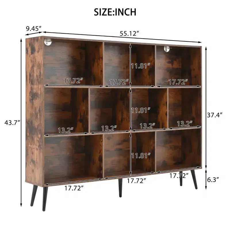 Étagère à livres en bois à 3 niveaux et 10 casiers avec 5 pieds en fer pour bureau à domicile, salon, chambre à coucher