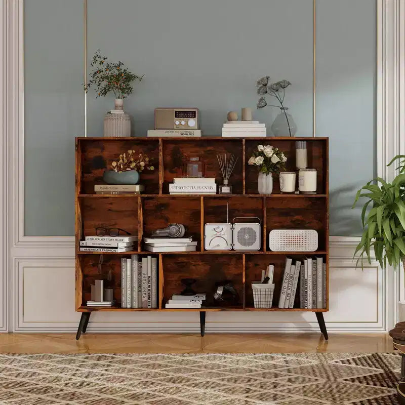 Wooden 3 Tier 10 Cube Bookshelf with 5 Iron Legs for Home Office, Living Room, Bedroom