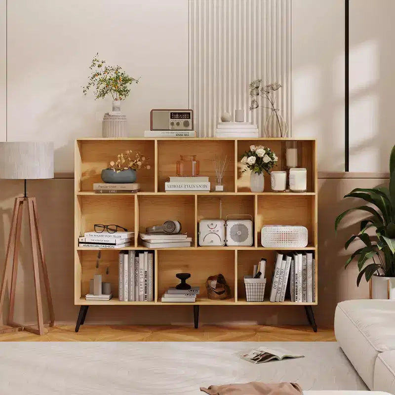 Étagère à livres en bois à 3 niveaux et 10 casiers avec 5 pieds en fer pour bureau à domicile, salon, chambre à coucher