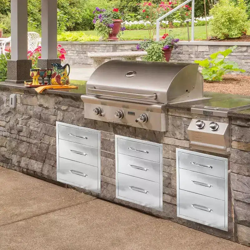 Tiroirs de cuisine extérieure 45,7 cm L x 58,4 cm H x 58,4 cm P, Commode 3 tiroirs en acier inoxydable pour îlot de barbecue, station de grillade, rangement de patio