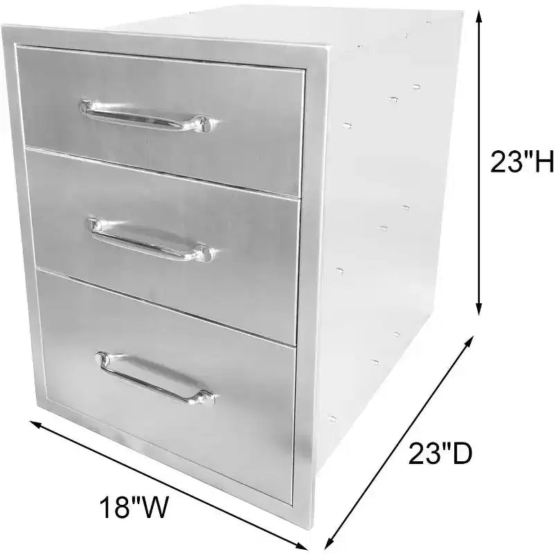 Tiroirs de cuisine extérieure 45,7 cm L x 58,4 cm H x 58,4 cm P, Commode 3 tiroirs en acier inoxydable pour îlot de barbecue, station de grillade, rangement de patio