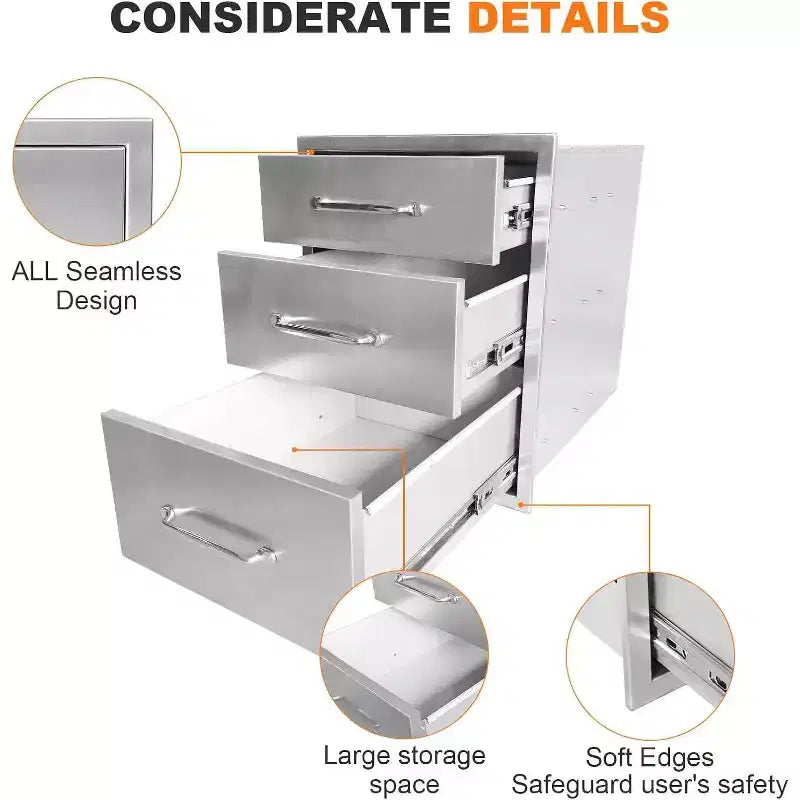 Tiroirs de cuisine extérieure 45,7 cm L x 58,4 cm H x 58,4 cm P, Commode 3 tiroirs en acier inoxydable pour îlot de barbecue, station de grillade, rangement de patio