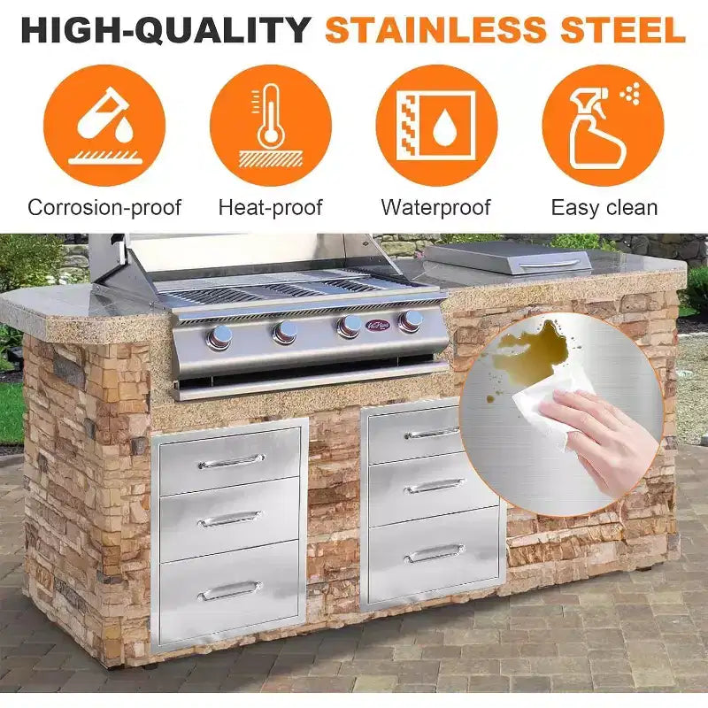 Tiroirs de cuisine extérieure 45,7 cm L x 58,4 cm H x 58,4 cm P, Commode 3 tiroirs en acier inoxydable pour îlot de barbecue, station de grillade, rangement de patio