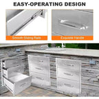 Tiroirs de cuisine extérieure 45,7 cm L x 58,4 cm H x 58,4 cm P, Commode 3 tiroirs en acier inoxydable pour îlot de barbecue, station de grillade, rangement de patio