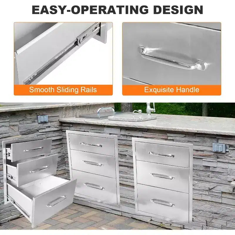 Tiroirs de cuisine extérieure 45,7 cm L x 58,4 cm H x 58,4 cm P, Commode 3 tiroirs en acier inoxydable pour îlot de barbecue, station de grillade, rangement de patio