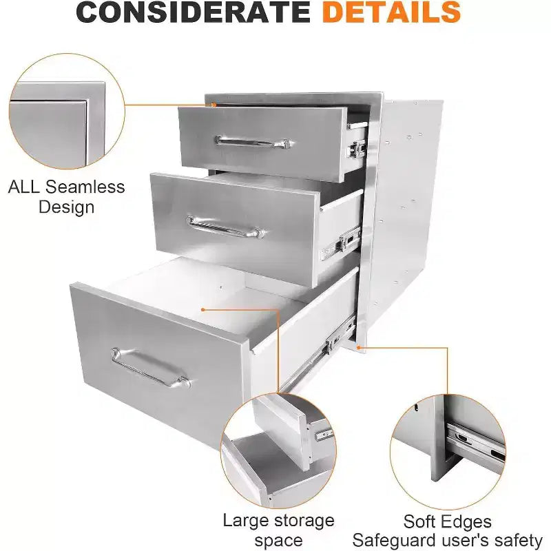 Tiroirs de cuisine extérieure 45,7 cm L x 58,4 cm H x 58,4 cm P, Commode 3 tiroirs en acier inoxydable pour îlot de barbecue, station de grillade, rangement de patio