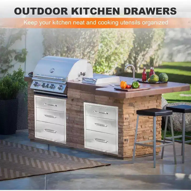 Tiroirs de cuisine extérieure 45,7 cm L x 58,4 cm H x 58,4 cm P, Commode 3 tiroirs en acier inoxydable pour îlot de barbecue, station de grillade, rangement de patio