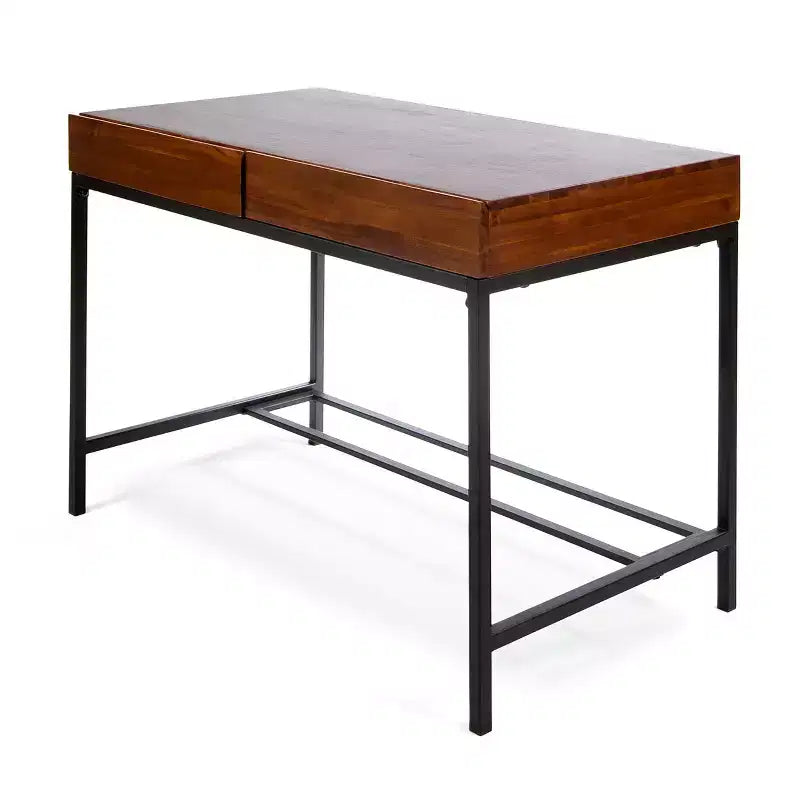 Bureau debout rétro 44 pouces avec cadre en métal, bureau d'ordinateur avec 2 tiroirs, bureaux à domicile pour salon, bureau, salle de lecture, chêne