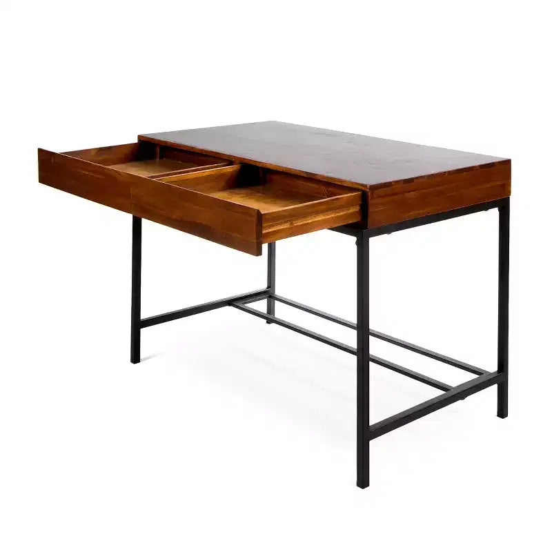 Bureau debout rétro 44 pouces avec cadre en métal, bureau d'ordinateur avec 2 tiroirs, bureaux à domicile pour salon, bureau, salle de lecture, chêne