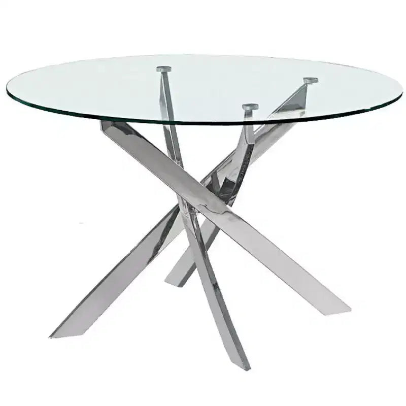 HomeRoots 54 Clear and Silver Glass and Metal Cross Leg Base Round Top Dining Table