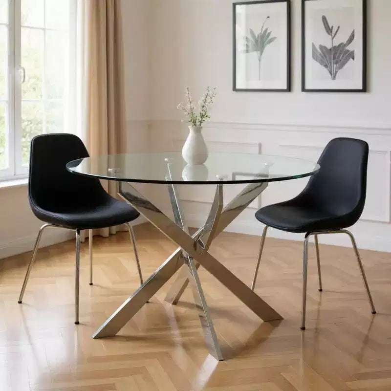 Table de salle à manger avec plateau rond, piétement croisé en métal et verre transparent et argenté - 54