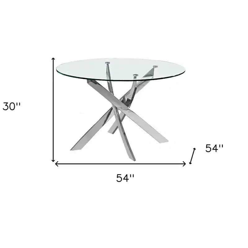 Table de salle à manger avec plateau rond, piétement croisé en métal et verre transparent et argenté - 54