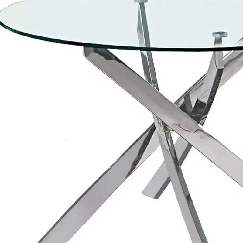 Table de salle à manger avec plateau rond, piétement croisé en métal et verre transparent et argenté - 54