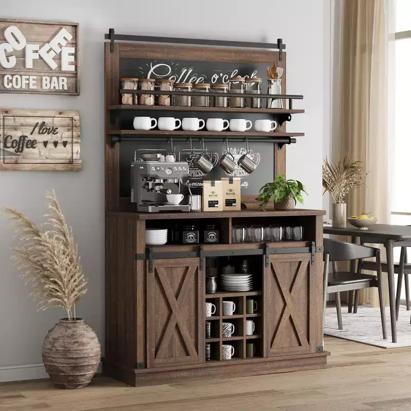 COZONY 75-inch Farmhouse Coffee Bar Cabinet - Tall Buffet Hutch with Sliding Barn Door, Storage Sideboard for Dining Room & Kitchen