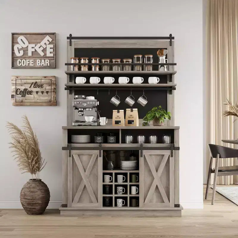 Meuble de Bar à Café de Ferme de 75 Pouces - Vaisselier Haut avec Porte Coulissante Style Grange, Buffet de Rangement pour Salle à Manger et Cuisine