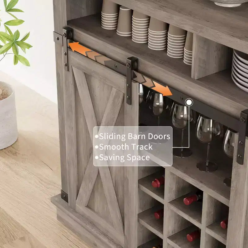 Meuble de Bar à Café de Ferme de 75 Pouces - Vaisselier Haut avec Porte Coulissante Style Grange, Buffet de Rangement pour Salle à Manger et Cuisine