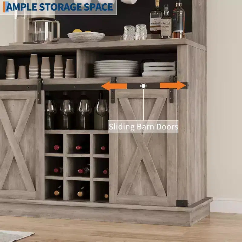Meuble de Bar à Café de Ferme de 75 Pouces - Vaisselier Haut avec Porte Coulissante Style Grange, Buffet de Rangement pour Salle à Manger et Cuisine