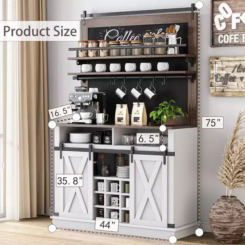 Meuble de Bar à Café de Ferme de 75 Pouces - Vaisselier Haut avec Porte Coulissante Style Grange, Buffet de Rangement pour Salle à Manger et Cuisine