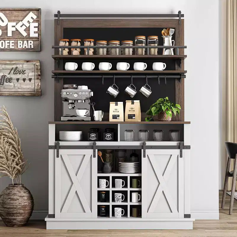 Meuble de Bar à Café de Ferme de 75 Pouces - Vaisselier Haut avec Porte Coulissante Style Grange, Buffet de Rangement pour Salle à Manger et Cuisine