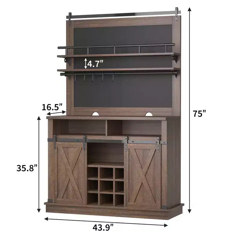 Meuble de Bar à Café de Ferme de 75 Pouces - Vaisselier Haut avec Porte Coulissante Style Grange, Buffet de Rangement pour Salle à Manger et Cuisine