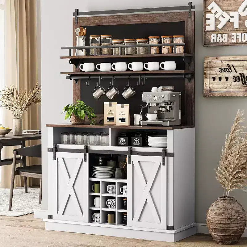 Meuble de Bar à Café de Ferme de 75 Pouces - Vaisselier Haut avec Porte Coulissante Style Grange, Buffet de Rangement pour Salle à Manger et Cuisine