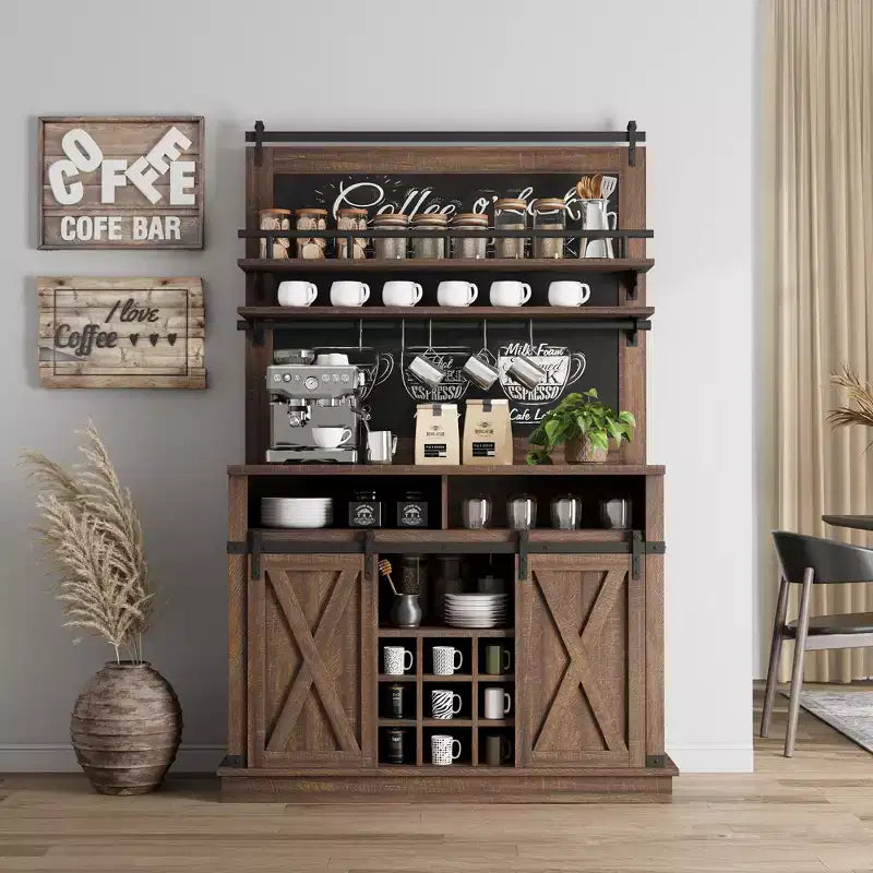 Meuble de Bar à Café de Ferme de 75 Pouces - Vaisselier Haut avec Porte Coulissante Style Grange, Buffet de Rangement pour Salle à Manger et Cuisine