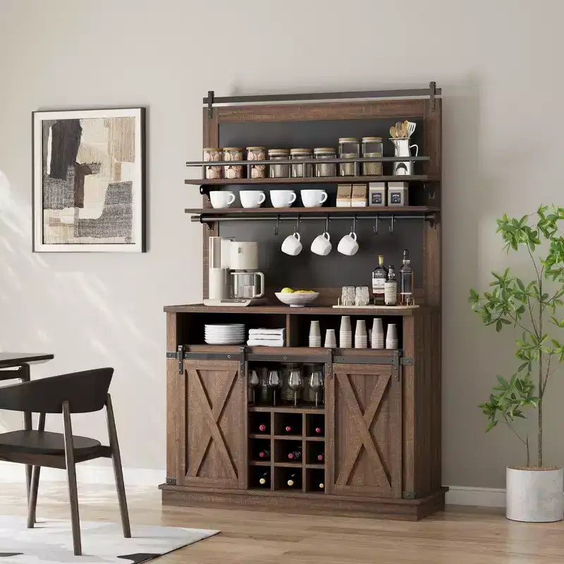 Meuble de Bar à Café de Ferme de 75 Pouces - Vaisselier Haut avec Porte Coulissante Style Grange, Buffet de Rangement pour Salle à Manger et Cuisine
