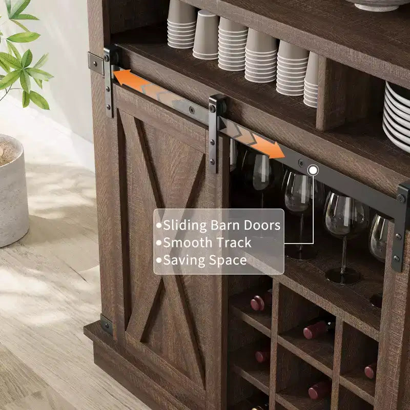Meuble de Bar à Café de Ferme de 75 Pouces - Vaisselier Haut avec Porte Coulissante Style Grange, Buffet de Rangement pour Salle à Manger et Cuisine